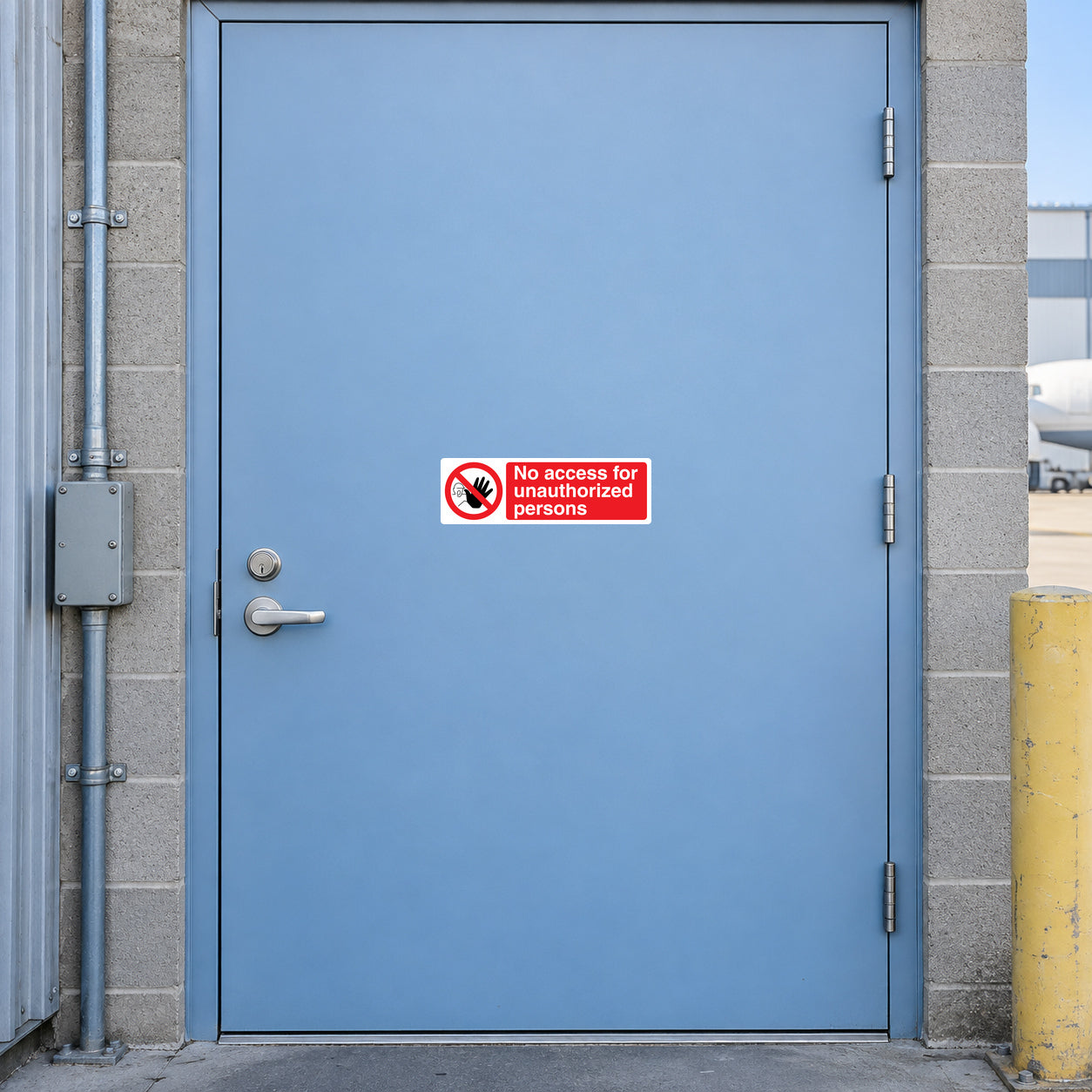 No safety sign sticker with red no-entry symbol and text “No access for unauthorized persons”