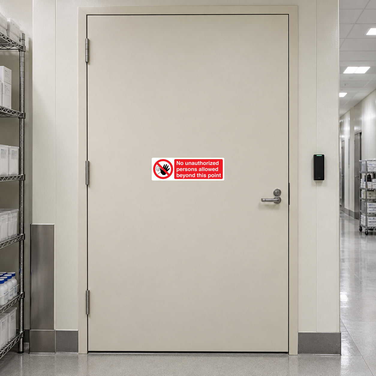 NO Safety Sign Sticker applied in pharmaceutical storage corridor entrance, solid cream composite door, card reader at far right and tiled corridor edge