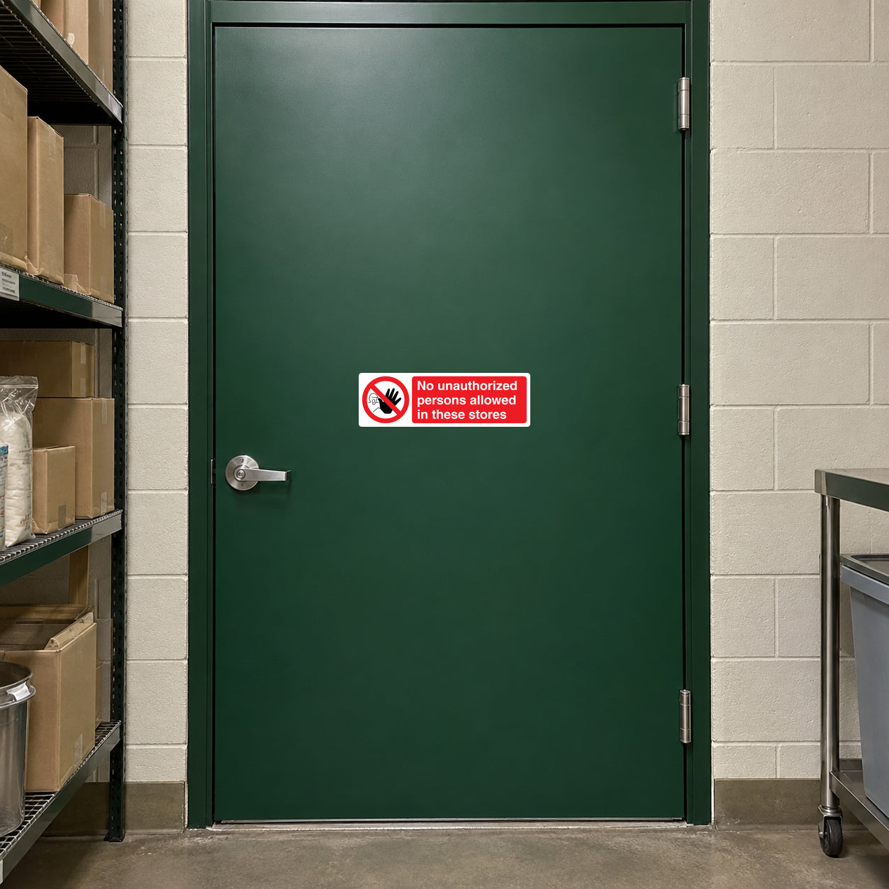 NO Safety Sign Sticker applied in restaurant dry-goods storeroom entrance, solid forest green door, shelves of plain cartons visible at far left
