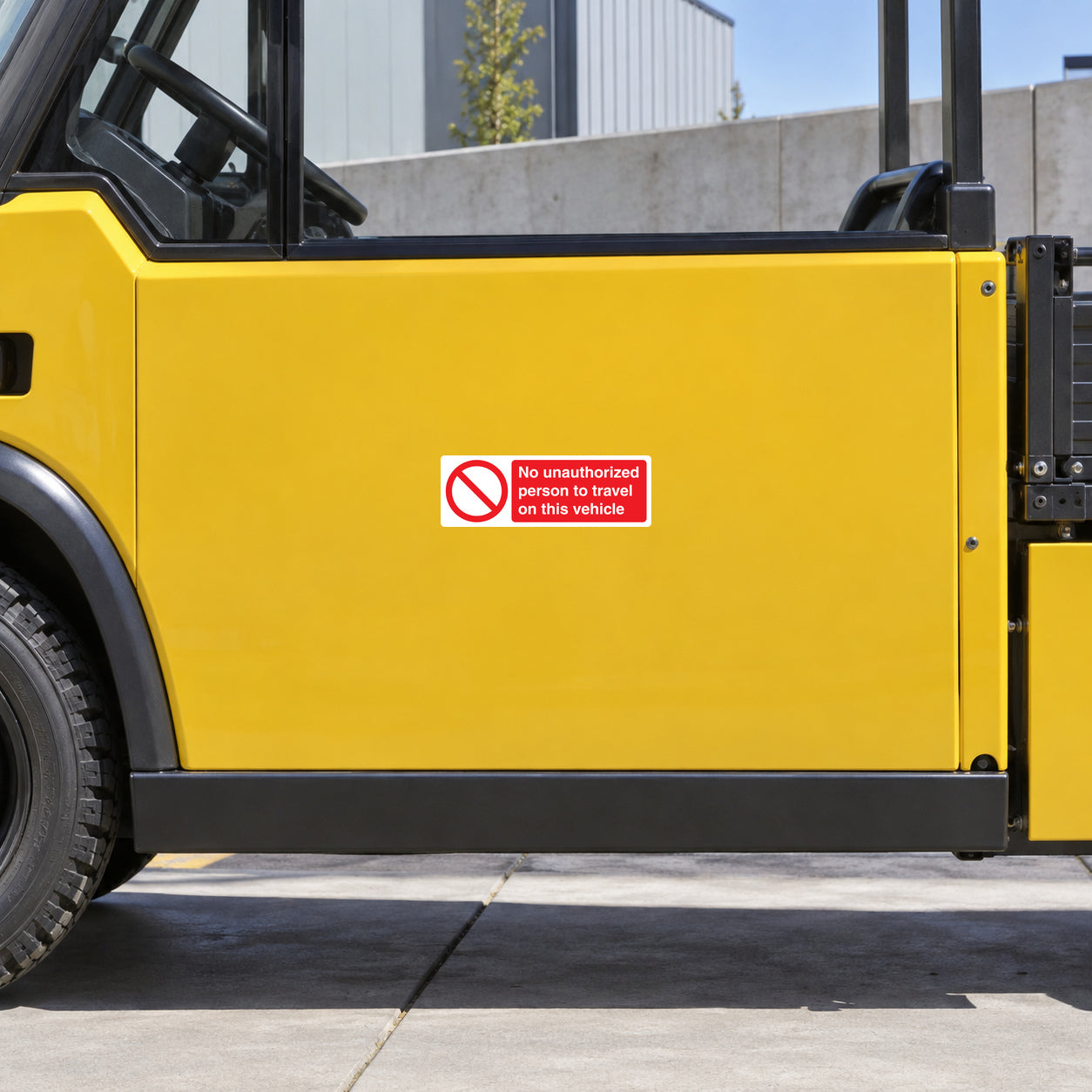 NO safety sign sticker with red circle on yellow vehicle door