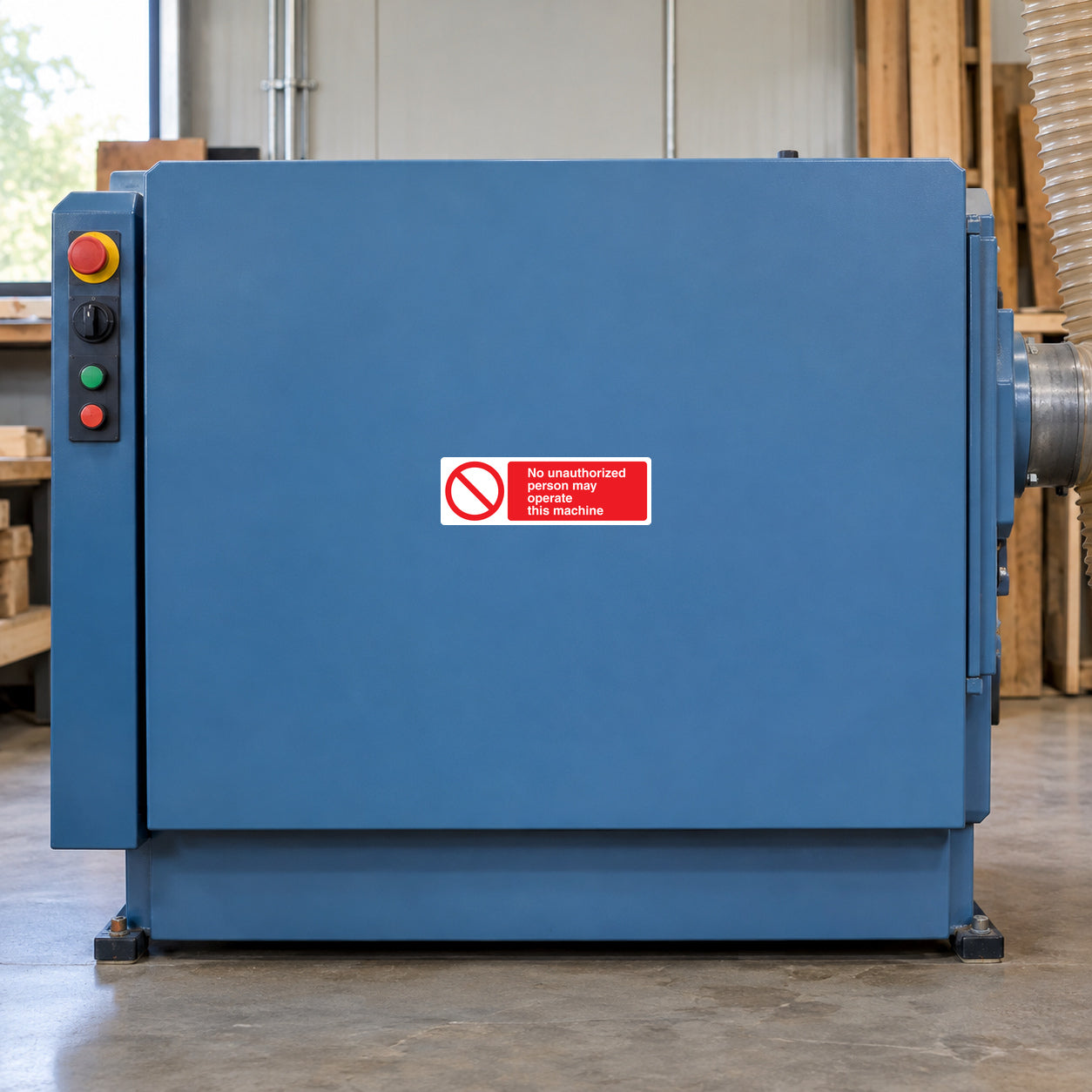 Red-and-white safety sign sticker: no unauthorized person may operate machine