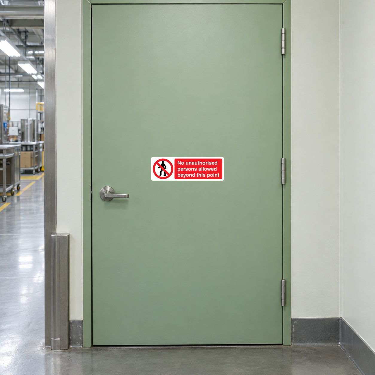 NO Safety Sign Sticker applied in factory packaging staff entrance, solid pale green access door, production corridor glimpsed extreme left