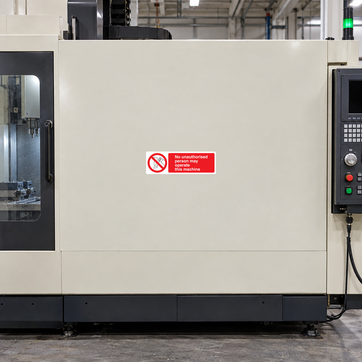 Safety sign sticker: red “No unauthorised person may operate the machine” warning