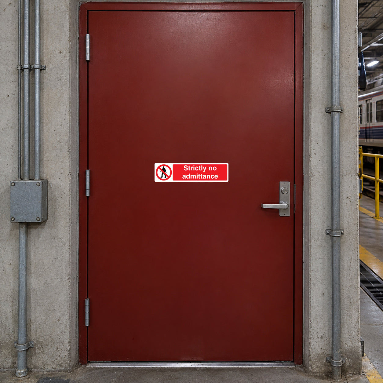 NO Safety Sign Sticker applied in private maintenance room entrance in railway depot, solid dark red steel door, concrete surround and pipes at edges