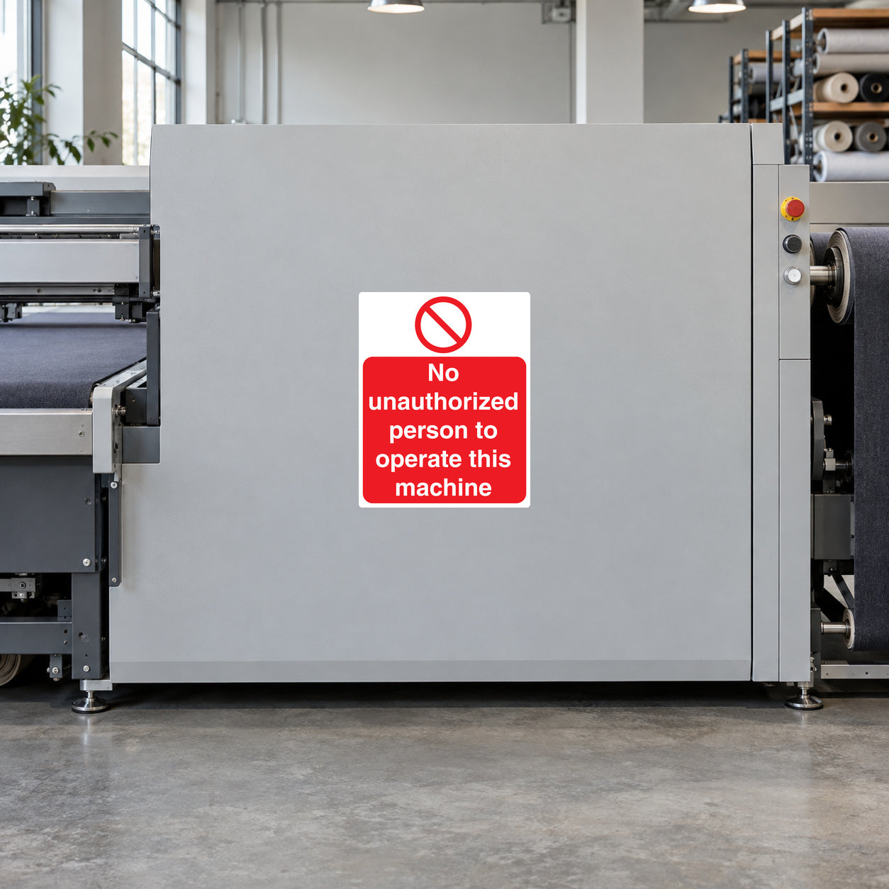 Safety sign sticker with red “No unauthorized person to operate this machine” symbol