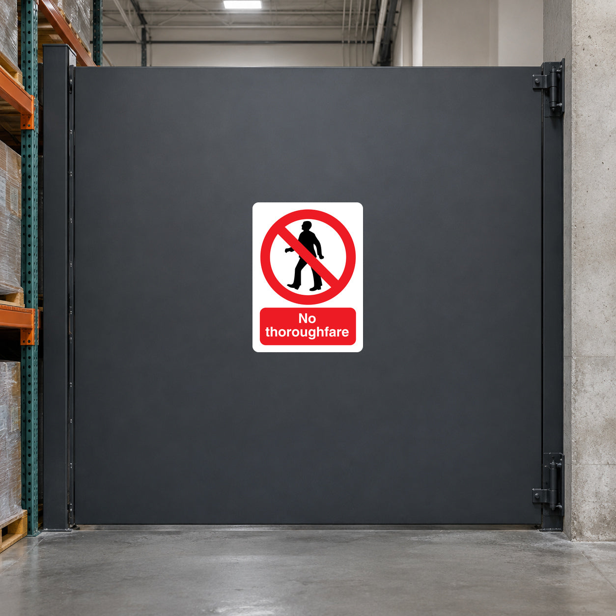 NO Safety Sign Sticker applied in dead-end goods storage walkway, solid charcoal gate panel, pallet rack and concrete pier at edges