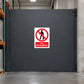 NO Safety Sign Sticker applied in dead-end goods storage walkway, solid charcoal gate panel, pallet rack and concrete pier at edges