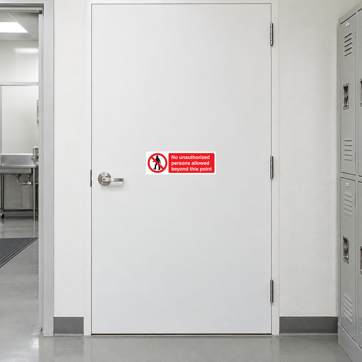 NO safety sign sticker: red circle with text 'No unauthorized persons allowed beyond this point'