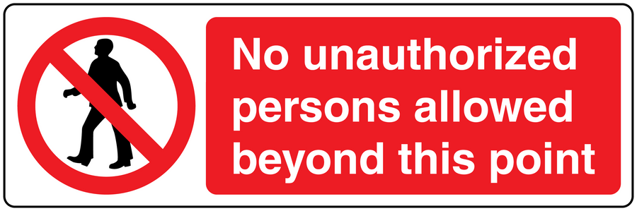 Safety sign sticker: no unauthorized persons beyond this point, black person icon on red