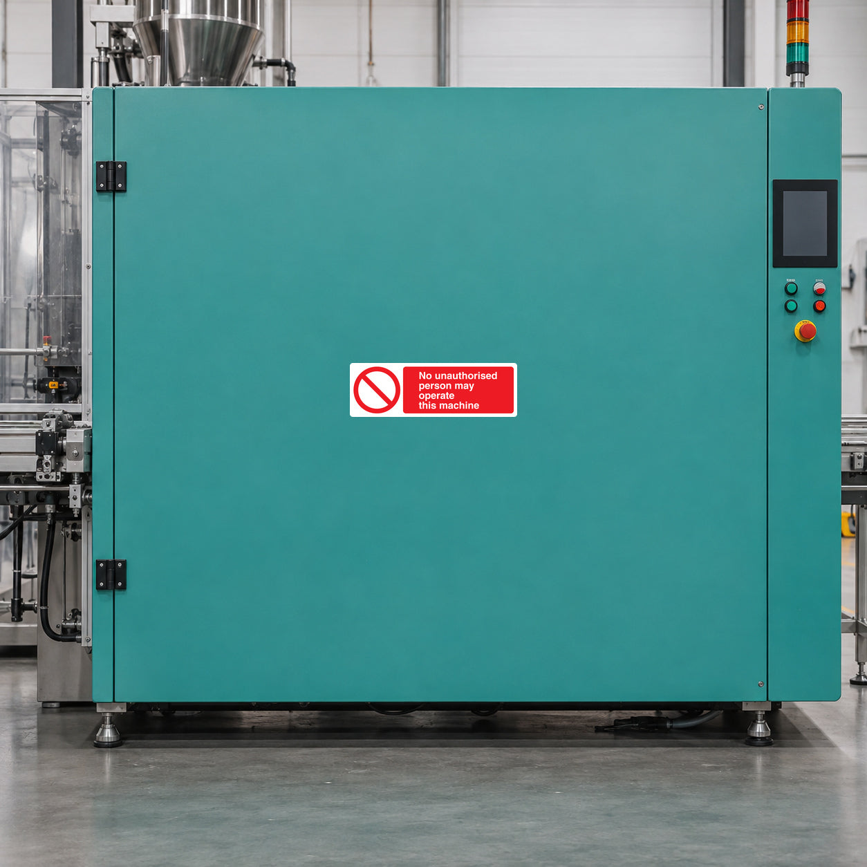 NO Safety Sign Sticker applied in industrial packaging machine cabinet, single solid teal casing panel, control console extreme right