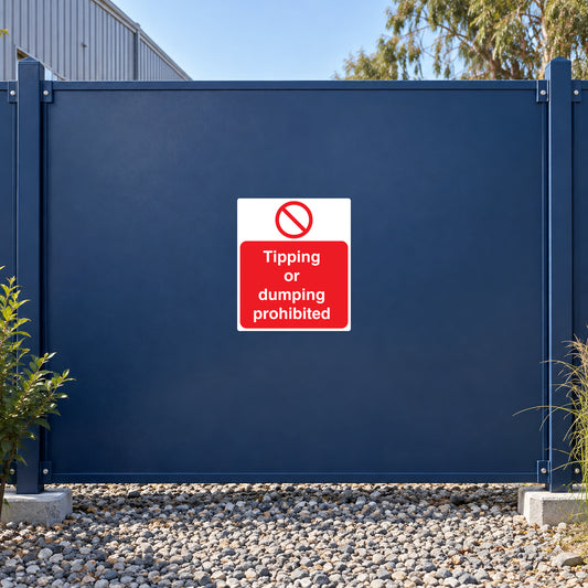 NO Safety Sign Sticker applied in private industrial property boundary, single solid navy steel fence panel, gravel verge and vegetation at outer edges