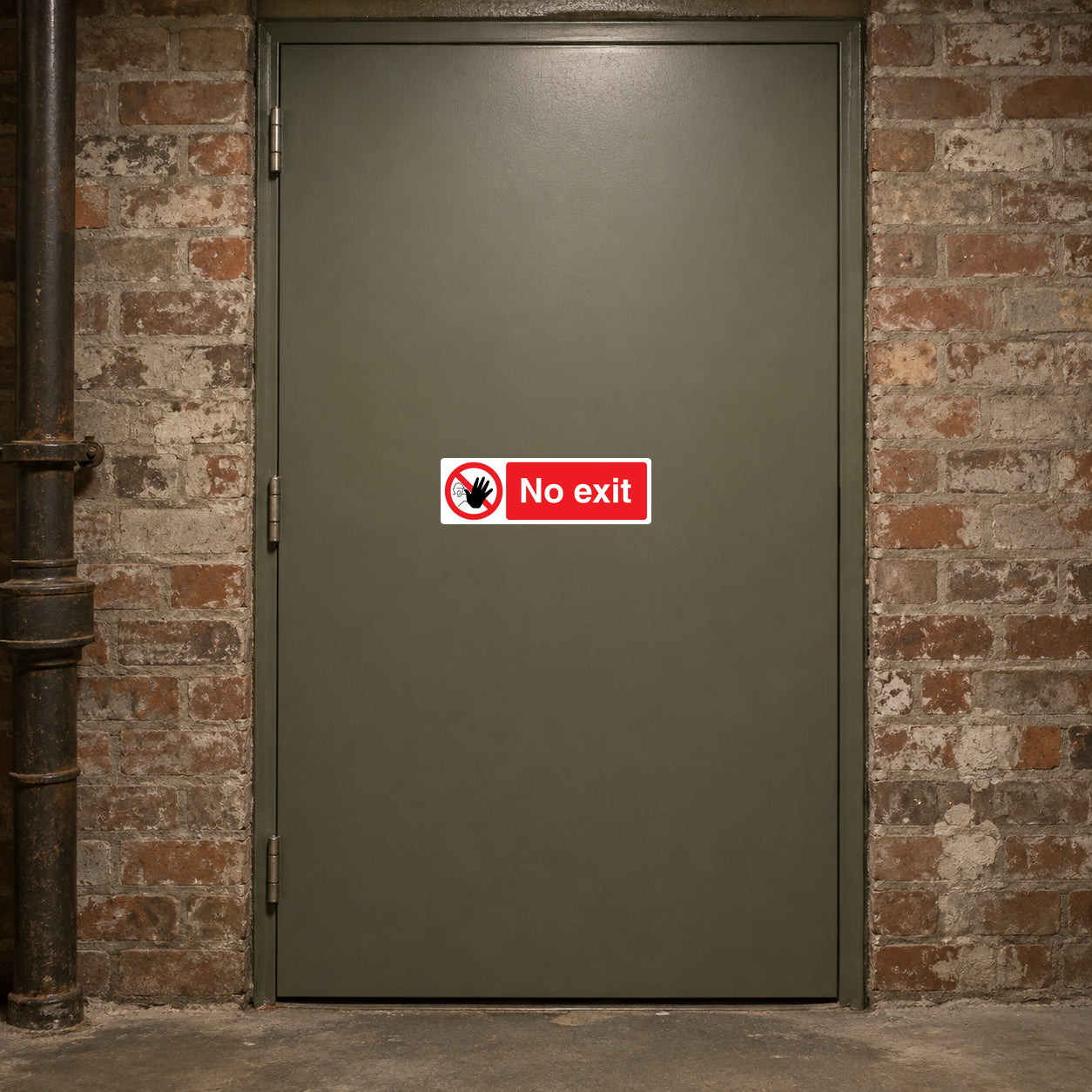 Safety sign sticker with No exit text and prohibition symbol, red and white.