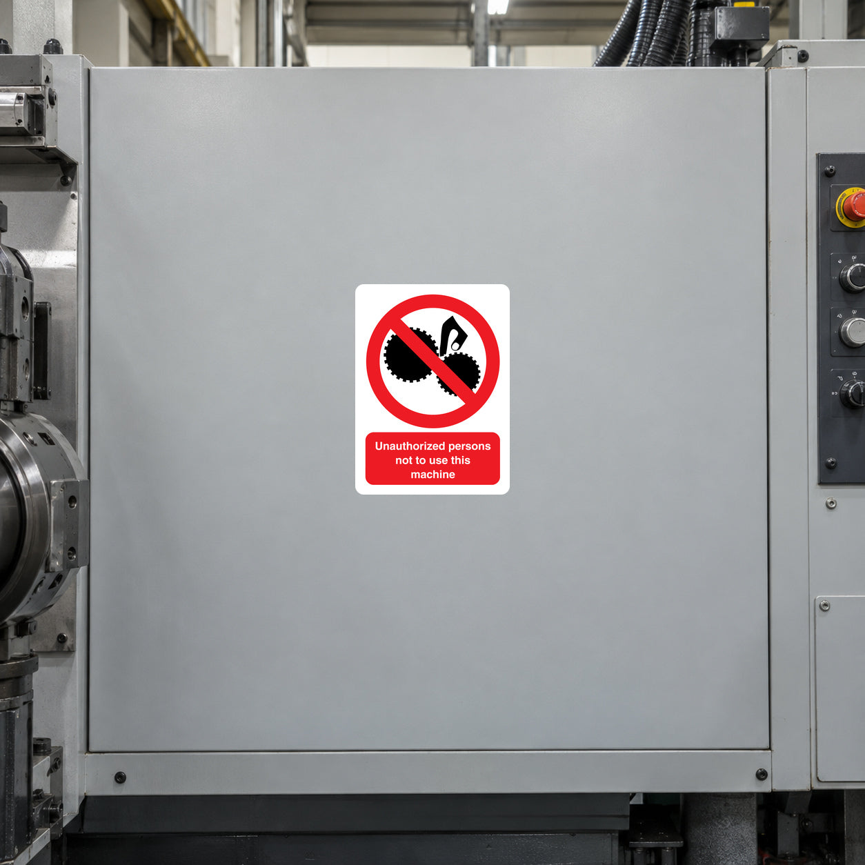 Safety sign sticker with red no-entry symbol and 'Unauthorized person not to use this machine'