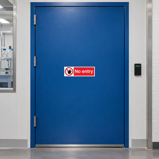 NO Safety Sign Sticker applied in secure chemical testing room entrance, solid deep blue steel door, clean corridor edge and access reader far right