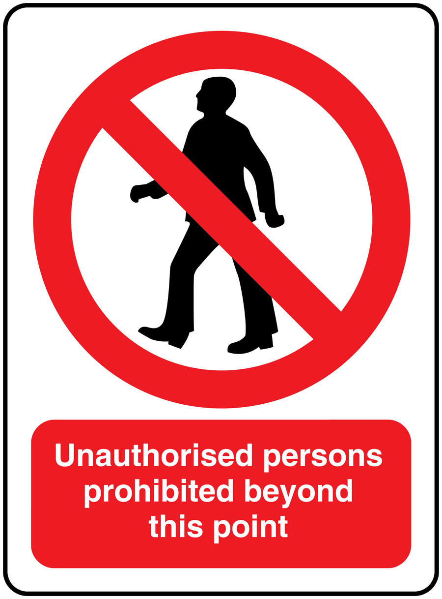 Safety sign sticker with barred person symbol and text: Unauthorised persons prohibited.