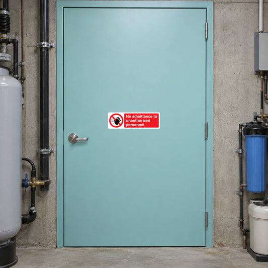 NO Safety Sign Sticker applied in staff-only water treatment service room, solid pale aqua access door, pipes and concrete surround far edges
