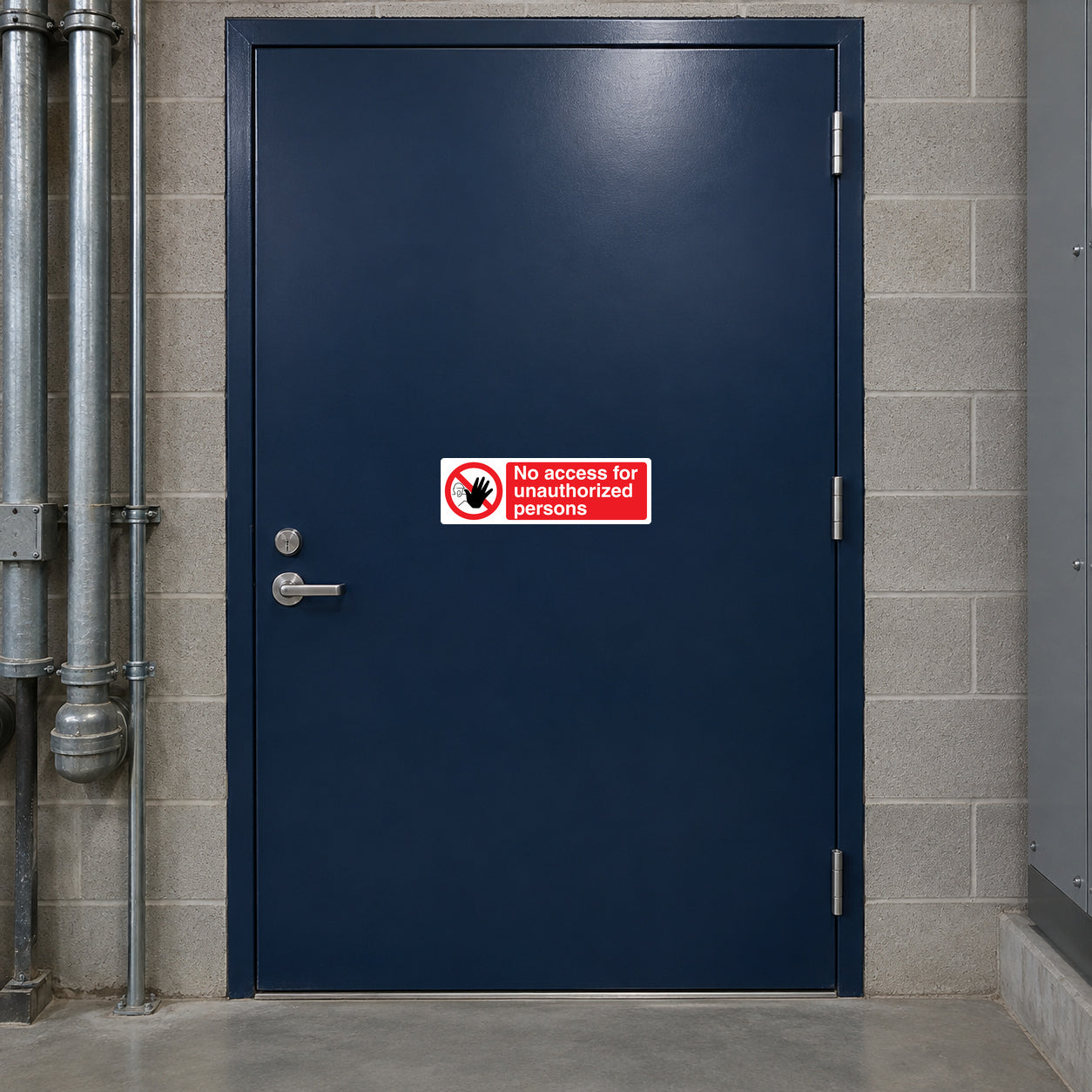 Safety sign sticker: red circle 'No access for unauthorized persons' on door