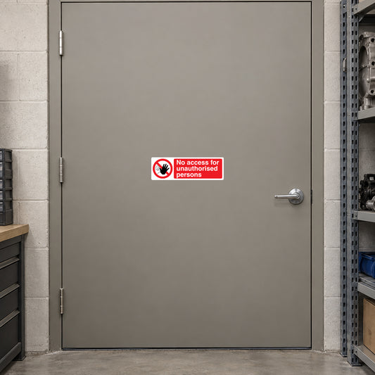 NO Safety Sign Sticker applied in restricted workshop stores entrance, solid warm grey door, spare-part shelving glimpse extreme right