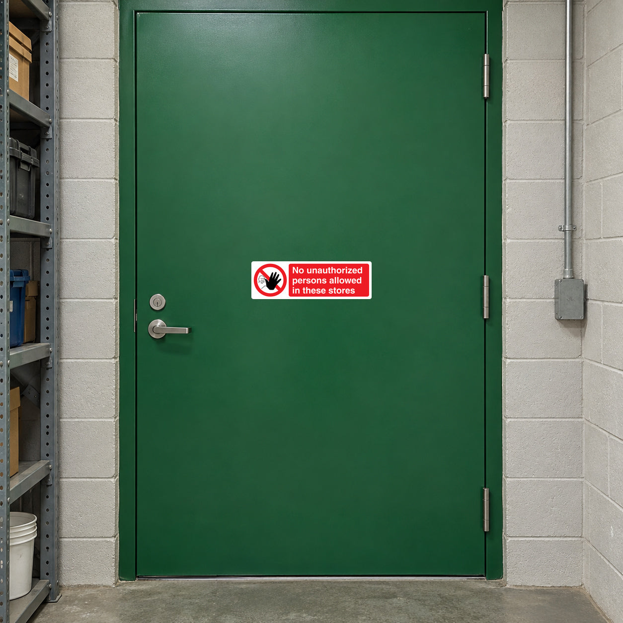 Safety sign sticker: no unauthorized persons allowed in these stores