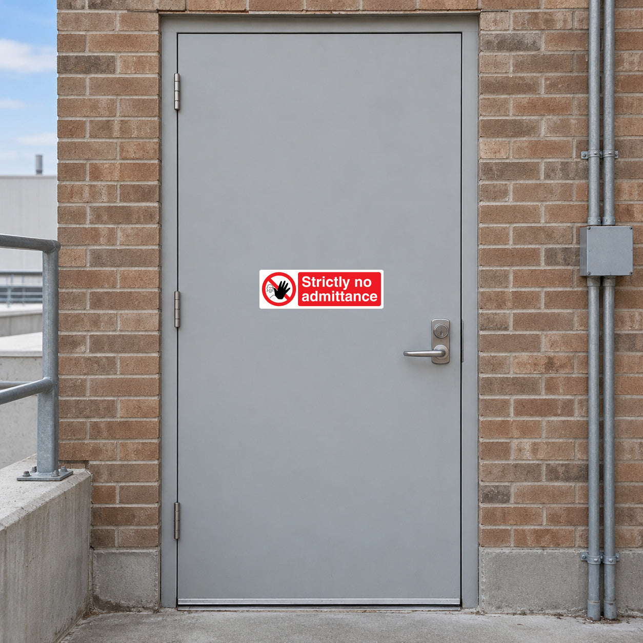 No safety sign sticker with 'Strictly no admittance' red prohibition symbol