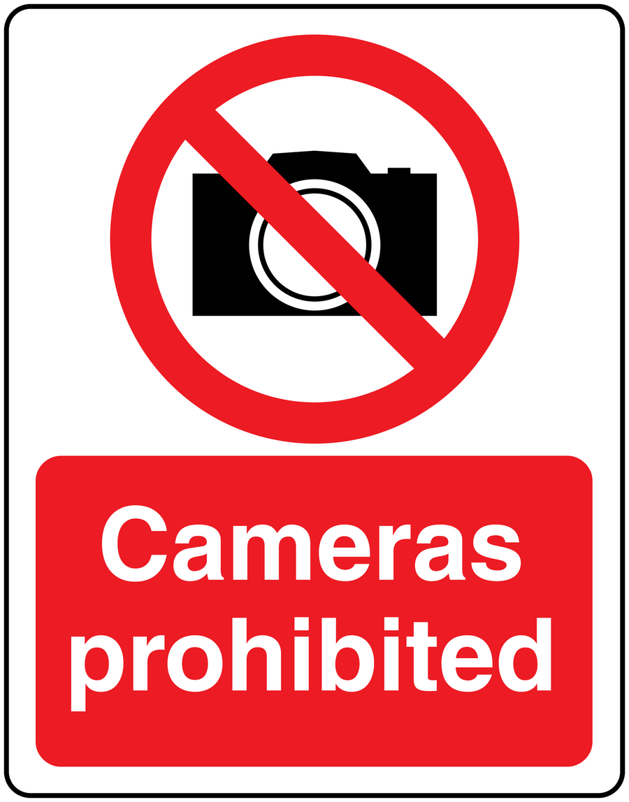 Cameras prohibited safety sign sticker with crossed-out camera icon and red text