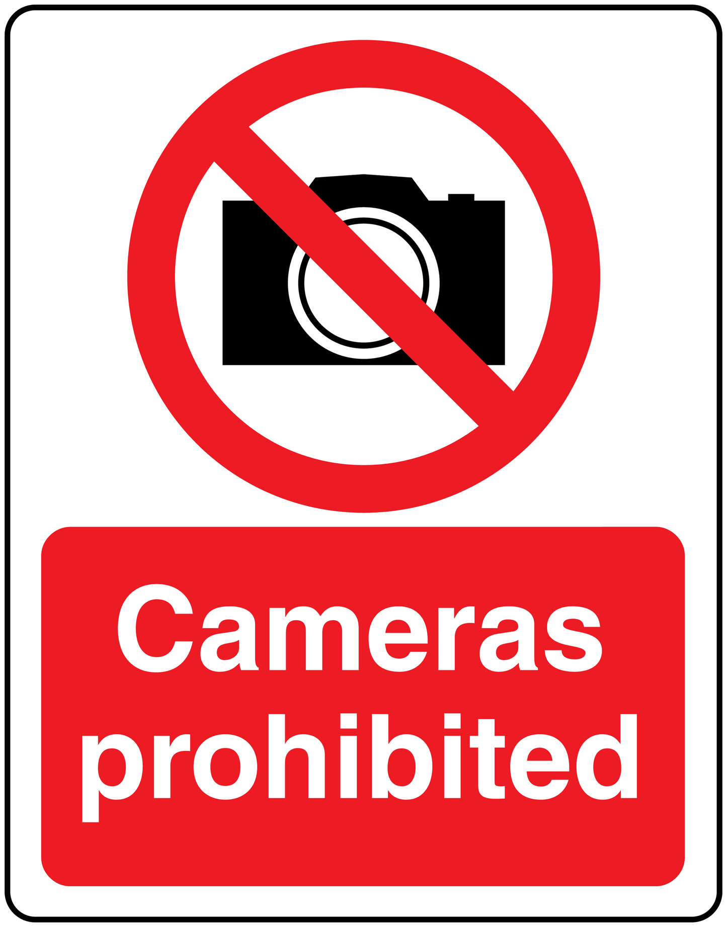 Cameras prohibited safety sign sticker with crossed-out camera icon and red text