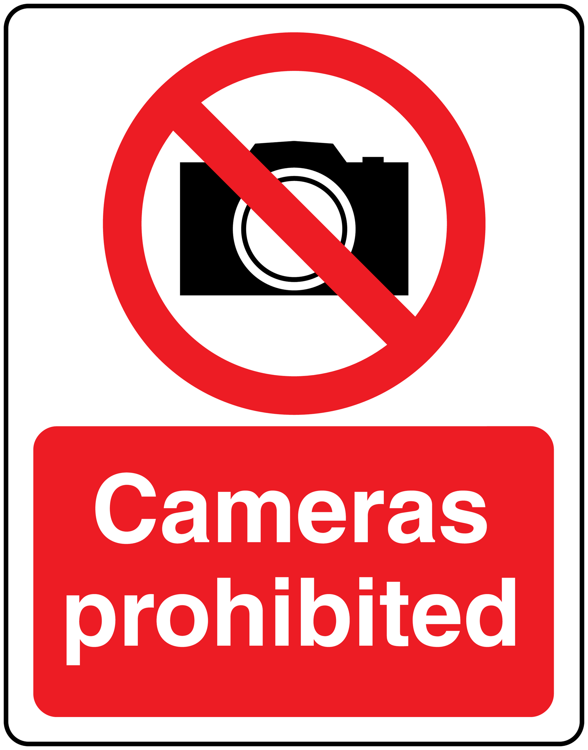 Cameras prohibited safety sign sticker with crossed-out camera icon and red text