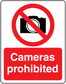 Cameras prohibited safety sign sticker with crossed-out camera icon and red text