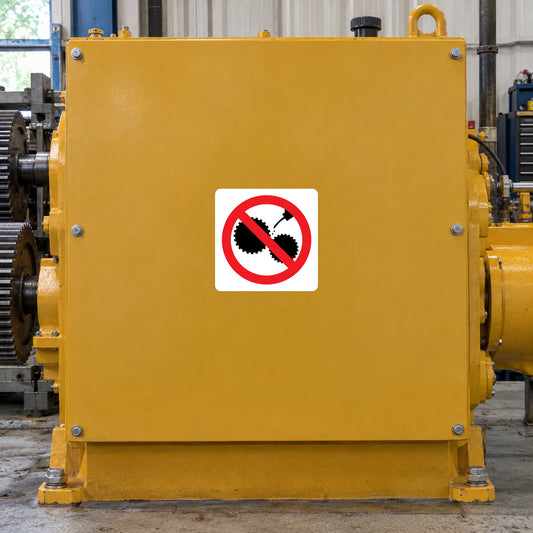 NO Safety Sign Sticker applied in industrial gear transmission enclosure, flat solid ochre machine guard panel, gears and workshop tools only at far edges