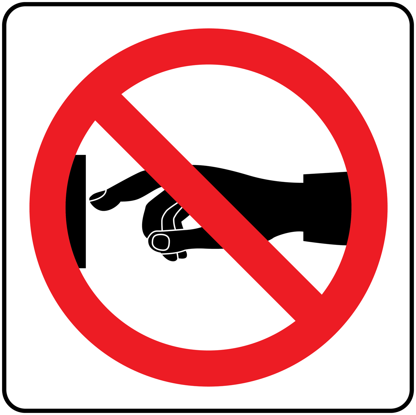 Square safety sign sticker with red no symbol circle and diagonal slash over black figure