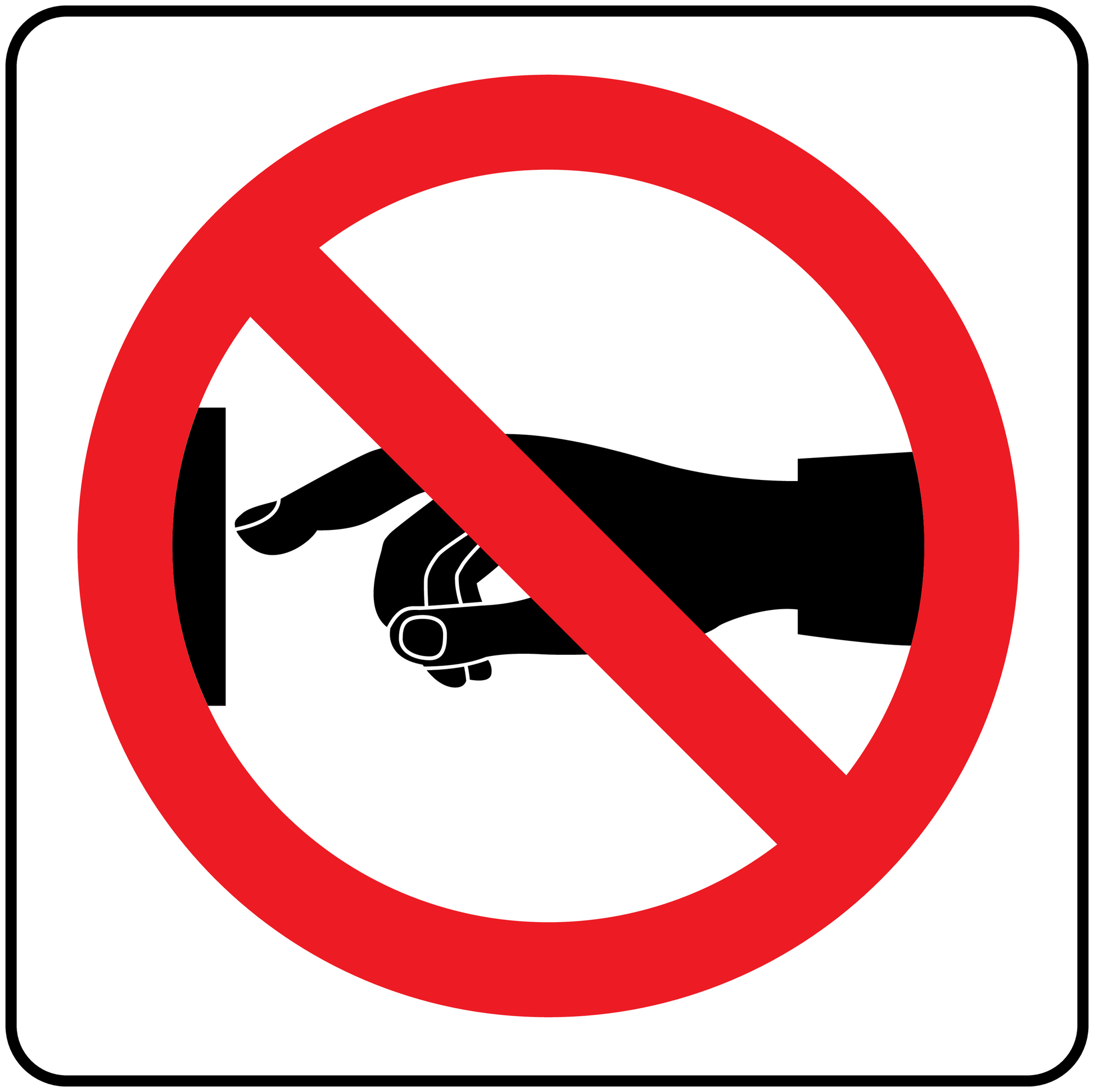 Square safety sign sticker with red no symbol circle and diagonal slash over black figure