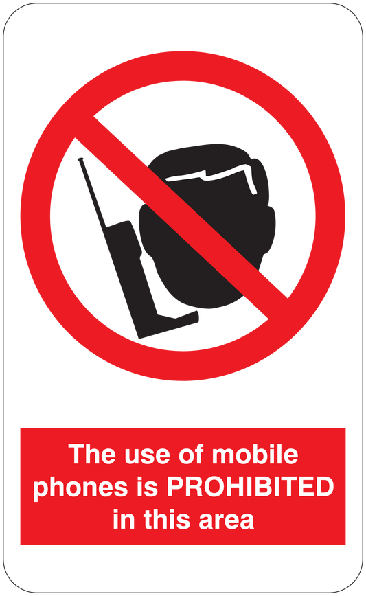 'Mobile phones are PROHIBITED in this area' safety sign sticker with no-phone icon