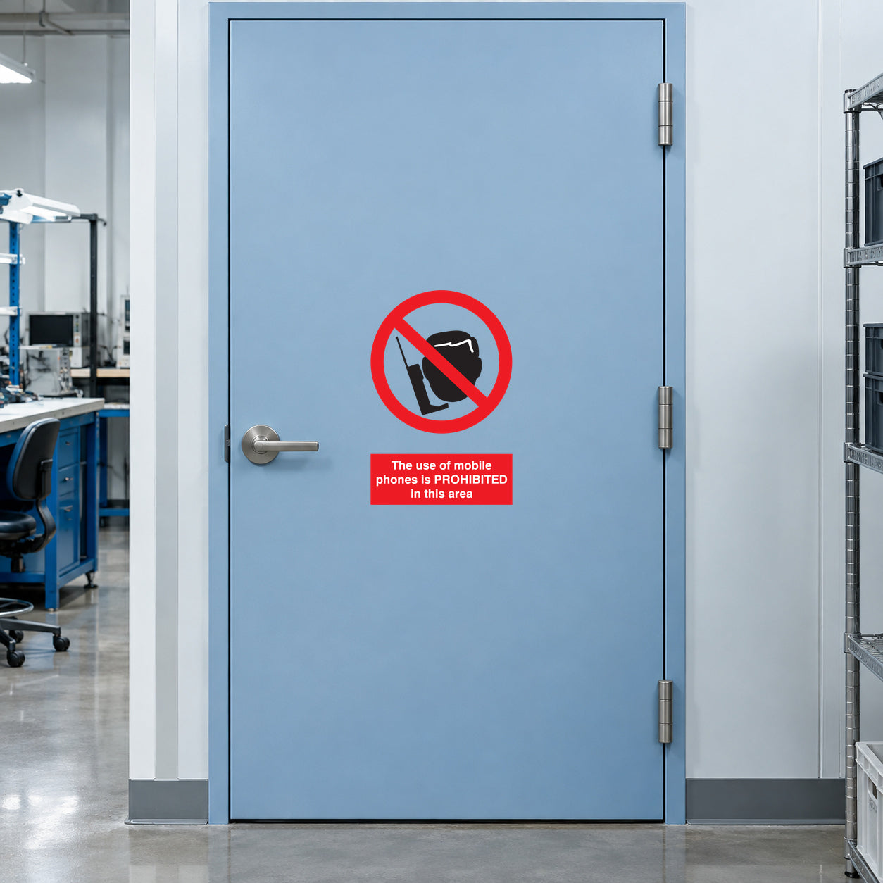 No mobile phone safety sign sticker with red prohibition circle and phone icon