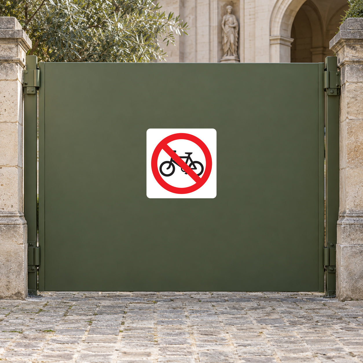 White safety sign sticker with red no-bicycle symbol on dark surface