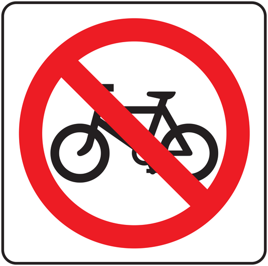 Safety sign sticker with red circle and slash over a bicycle symbol