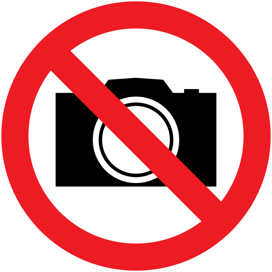 Safety sign sticker with red slash over camera icon, prohibition symbol