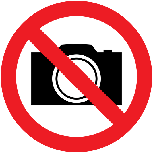 Safety sign sticker with red slash over camera icon, prohibition symbol