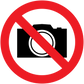 Safety sign sticker with red slash over camera icon, prohibition symbol