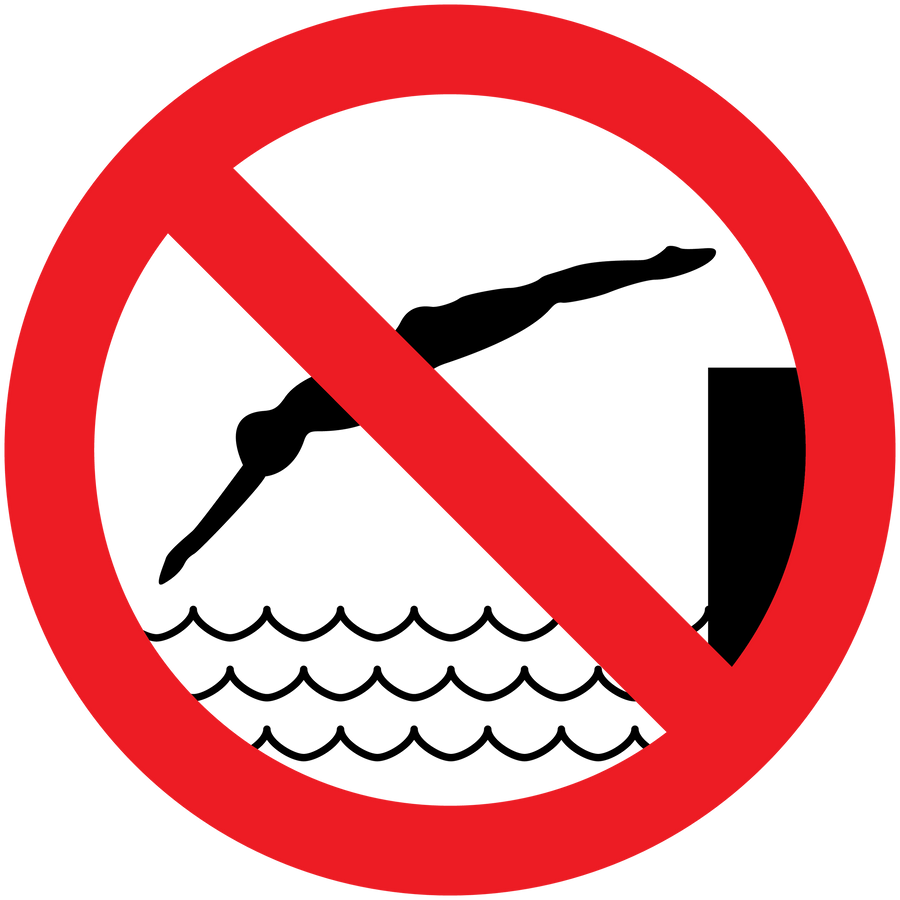 No swimming safety sign sticker with red prohibition circle over swimmers over waves