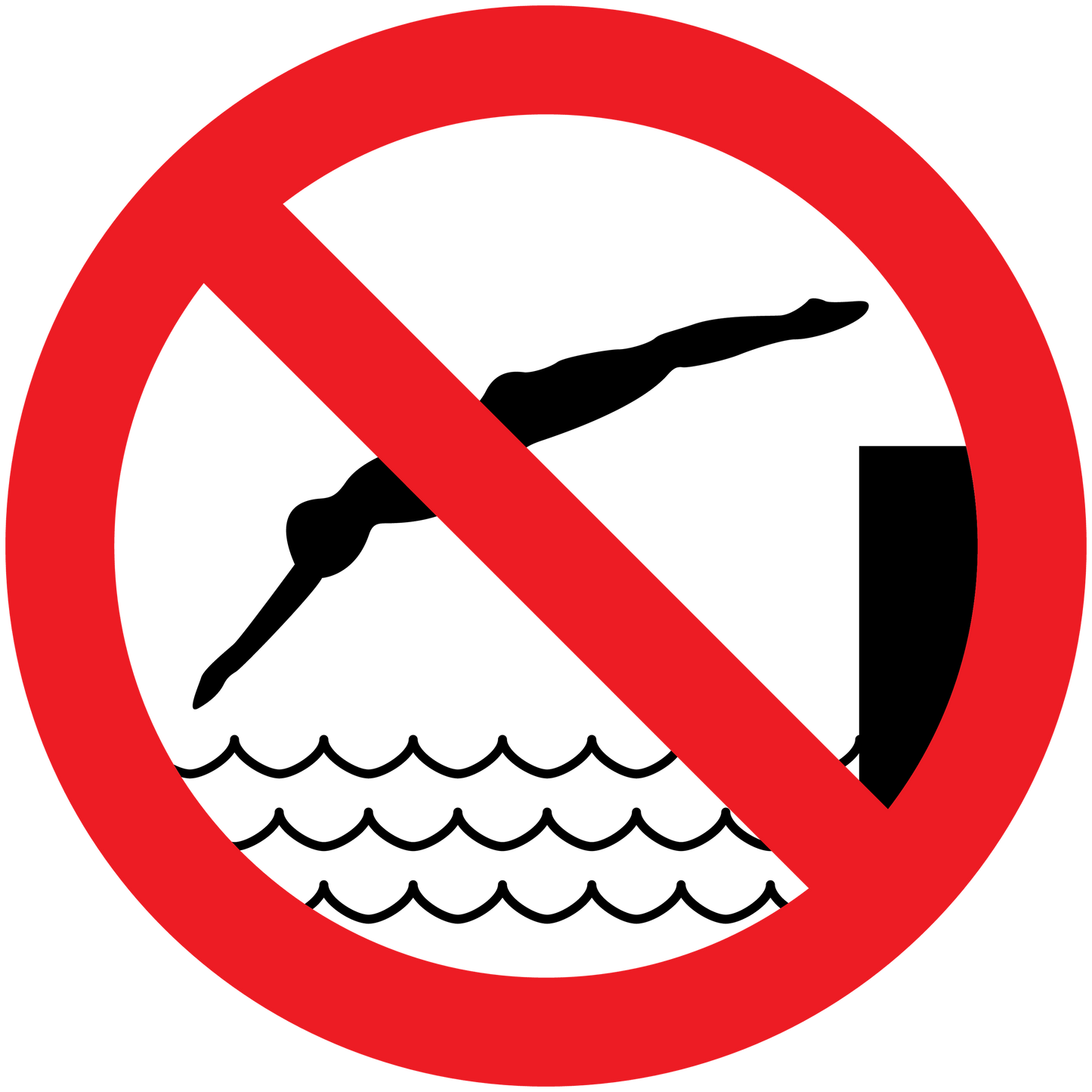 No swimming safety sign sticker with red prohibition circle over swimmers over waves