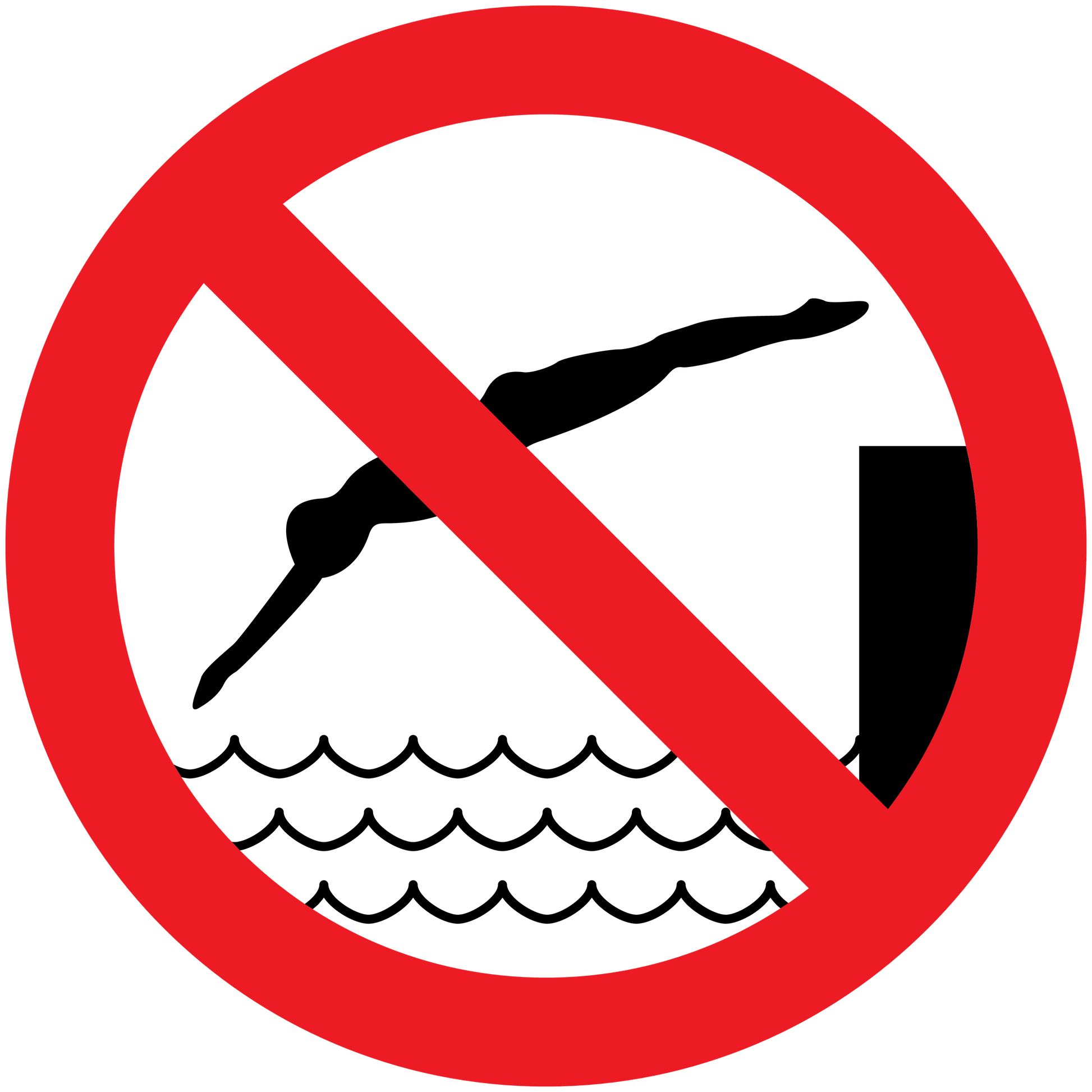 No swimming safety sign sticker with red prohibition circle over swimmers over waves