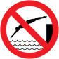 No swimming safety sign sticker with red prohibition circle over swimmers over waves