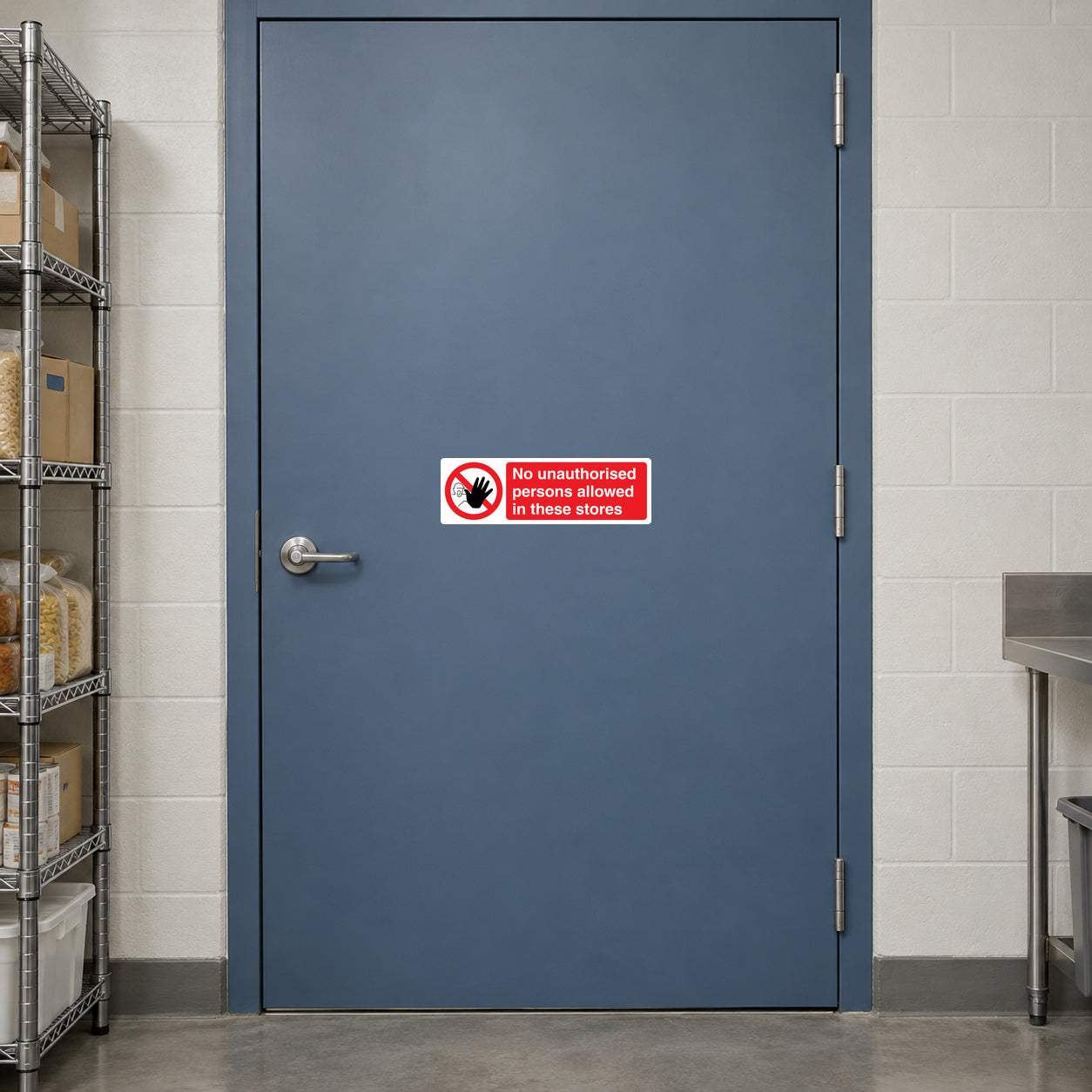Safety sign sticker: No unauthorized persons allowed in these stores