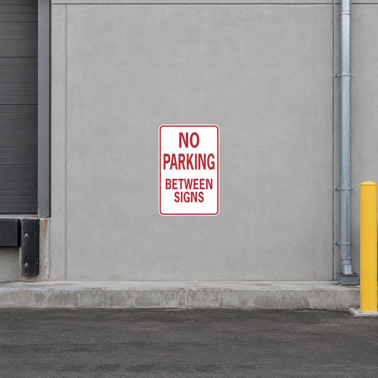 Safety sign sticker with “NO PARKING BETWEEN SIGNS” red text on white
