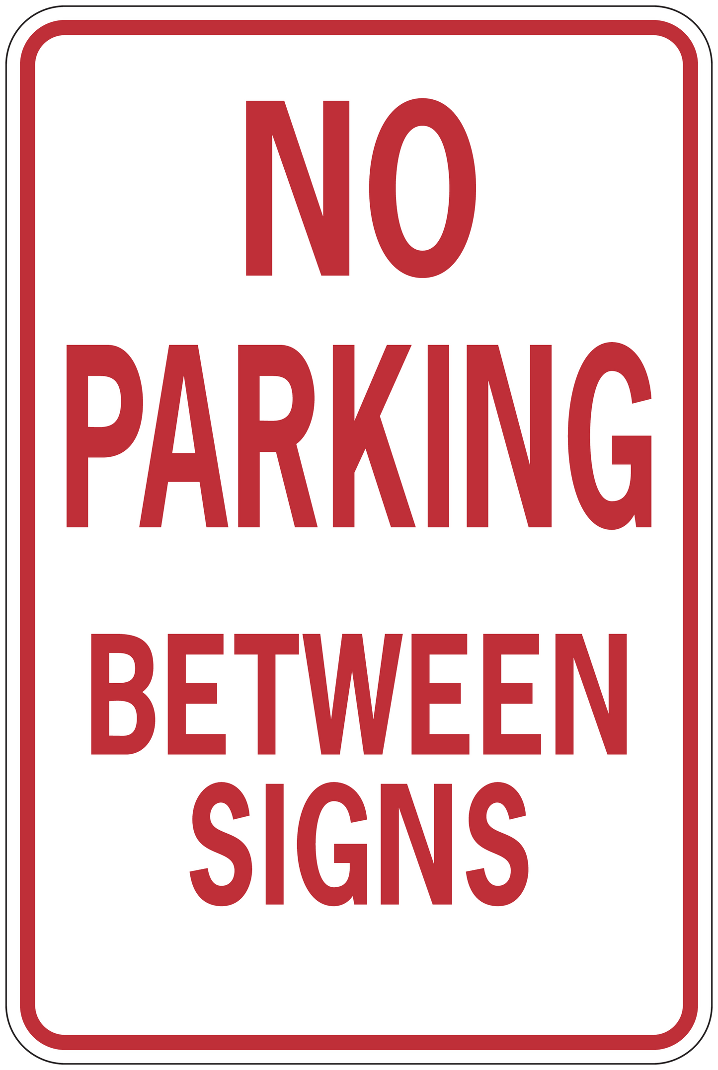Safety sign sticker: 'NO PARKING BETWEEN SIGNS' in red