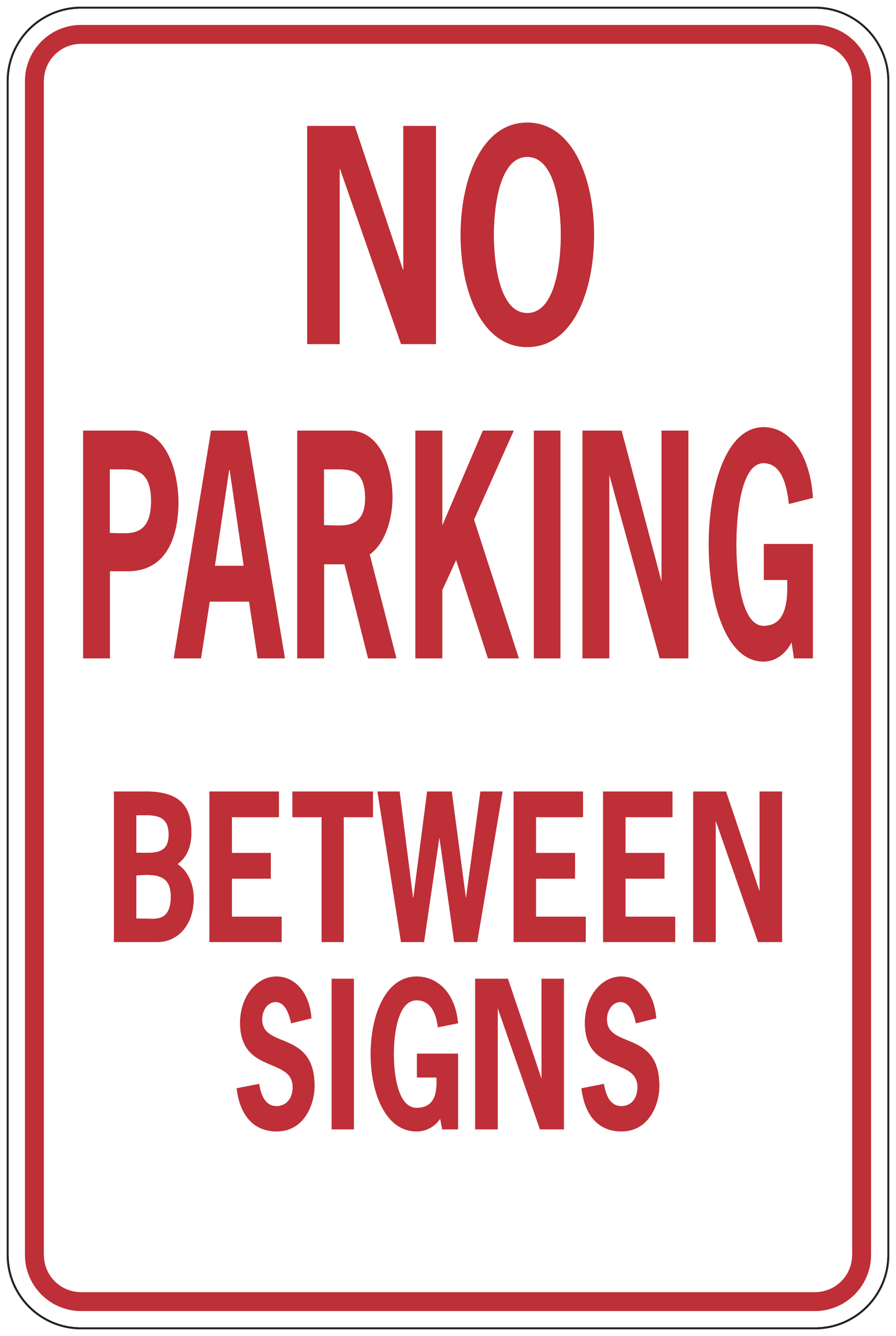 Safety sign sticker: 'NO PARKING BETWEEN SIGNS' in red