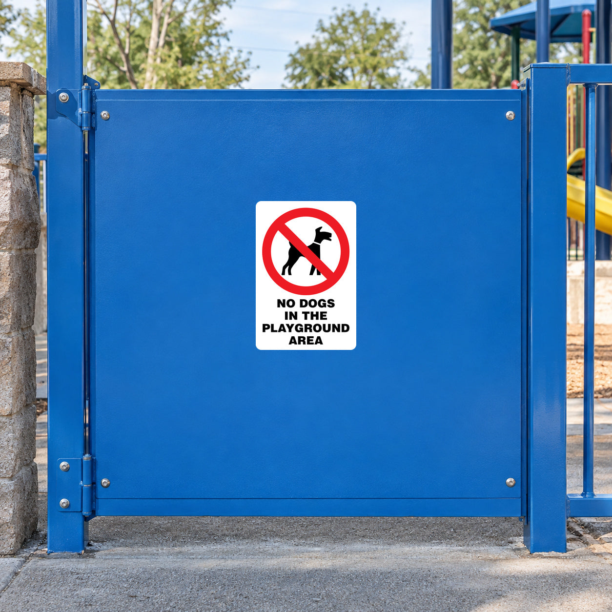 No dogs sign sticker, white square with crossed dog icon and 'No dogs in the playground area'