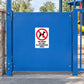 No dogs sign sticker, white square with crossed dog icon and 'No dogs in the playground area'