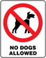 Square sticker sign with red no-dogs symbol over dog silhouettes; text NO DOGS ALLOWED