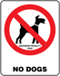 No Dogs sign sticker with red prohibition circle, dog icon, and “NO DOGS” text